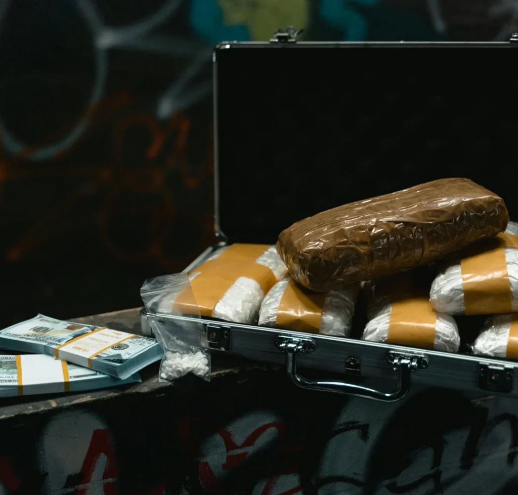 Briefcase with packaged drugs and cash, representing a manufacture or delivery of a controlled substance charge